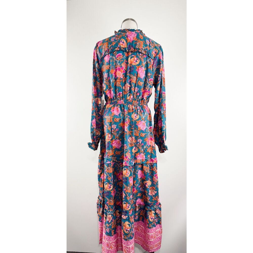 Anthropologie Teal Maxi Dress with Pink and Orange Floral Print - Picture 3 of 11